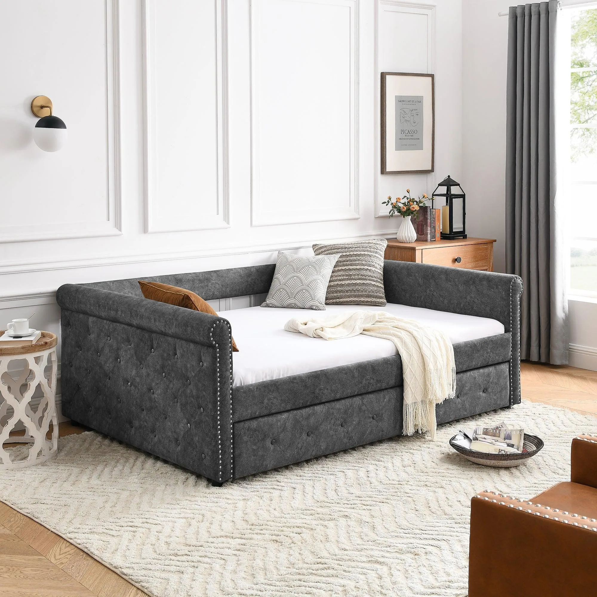 85.5“x57”x30.5“ Daybed with Trundle Upholstered Tufted Sofa Bed, with Button and Copper Nail on Arms, Full Daybed & Twin Trundle, Grey