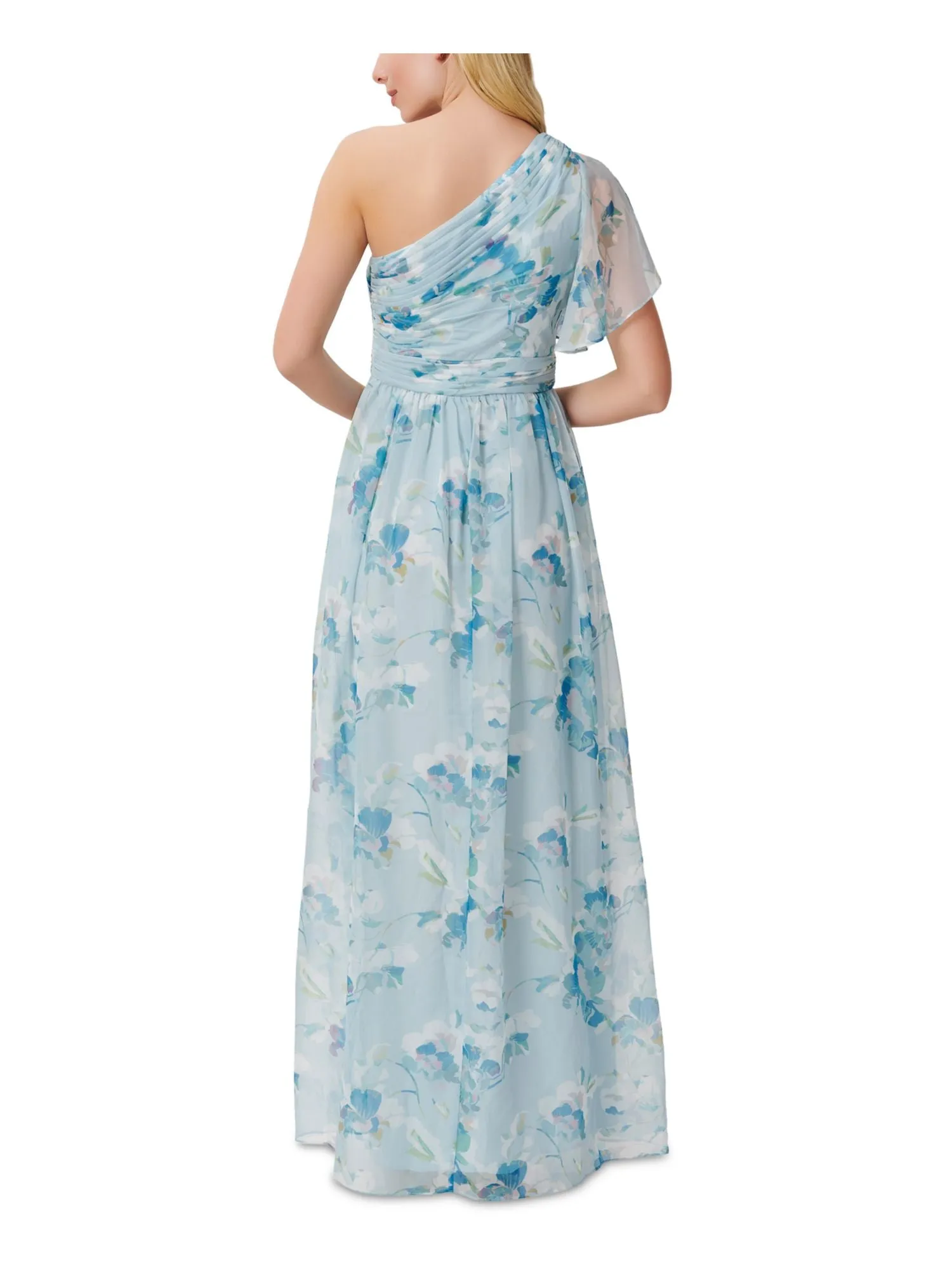 ADRIANNA PAPELL Womens Light Blue Ruched Zippered Slitted Pleated Sheer Lined Floral Flutter Sleeve Asymmetrical Neckline Full-Length Party Gown Dress