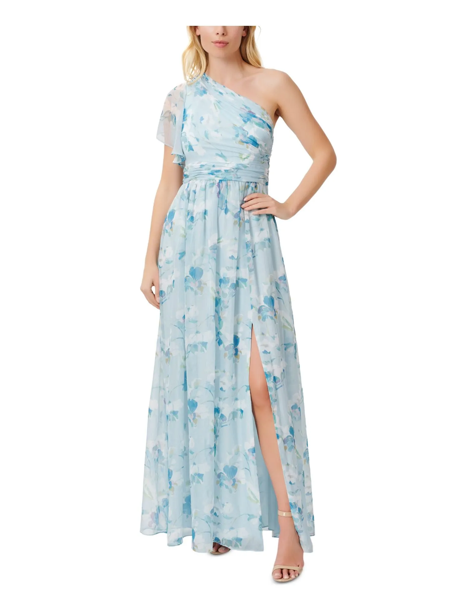 ADRIANNA PAPELL Womens Light Blue Ruched Zippered Slitted Pleated Sheer Lined Floral Flutter Sleeve Asymmetrical Neckline Full-Length Party Gown Dress