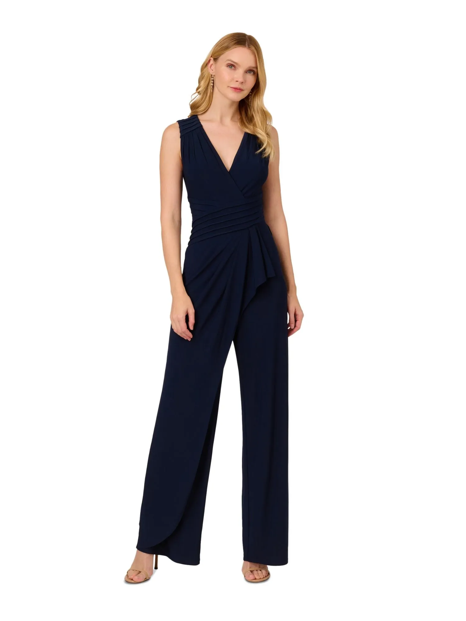 ADRIANNA PAPELL Womens Navy Zippered Pintucked Front Waterfall Ruffle Sleeveless Surplice Neckline Party Wide Leg Jumpsuit