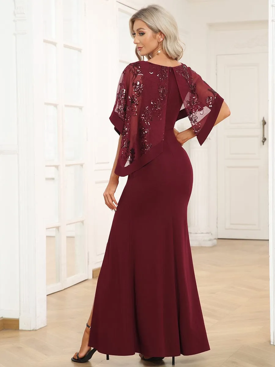 Asymmetrical Cape Sequin Floor-Length Mother of the Bride Dresses