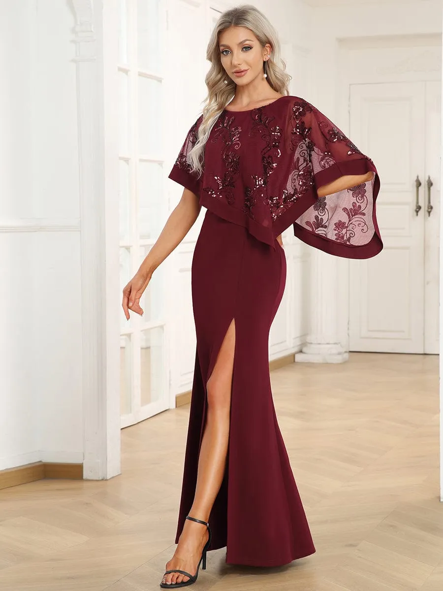 Asymmetrical Cape Sequin Floor-Length Mother of the Bride Dresses