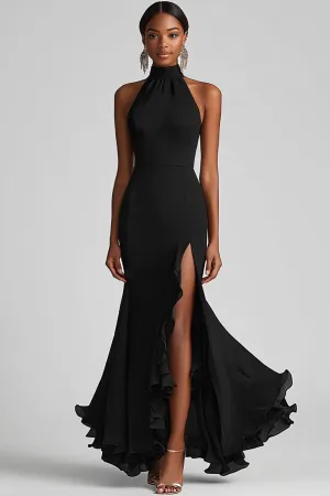 Black Halter Neck Sheath Slit Formal Dress with Ruffle Hem