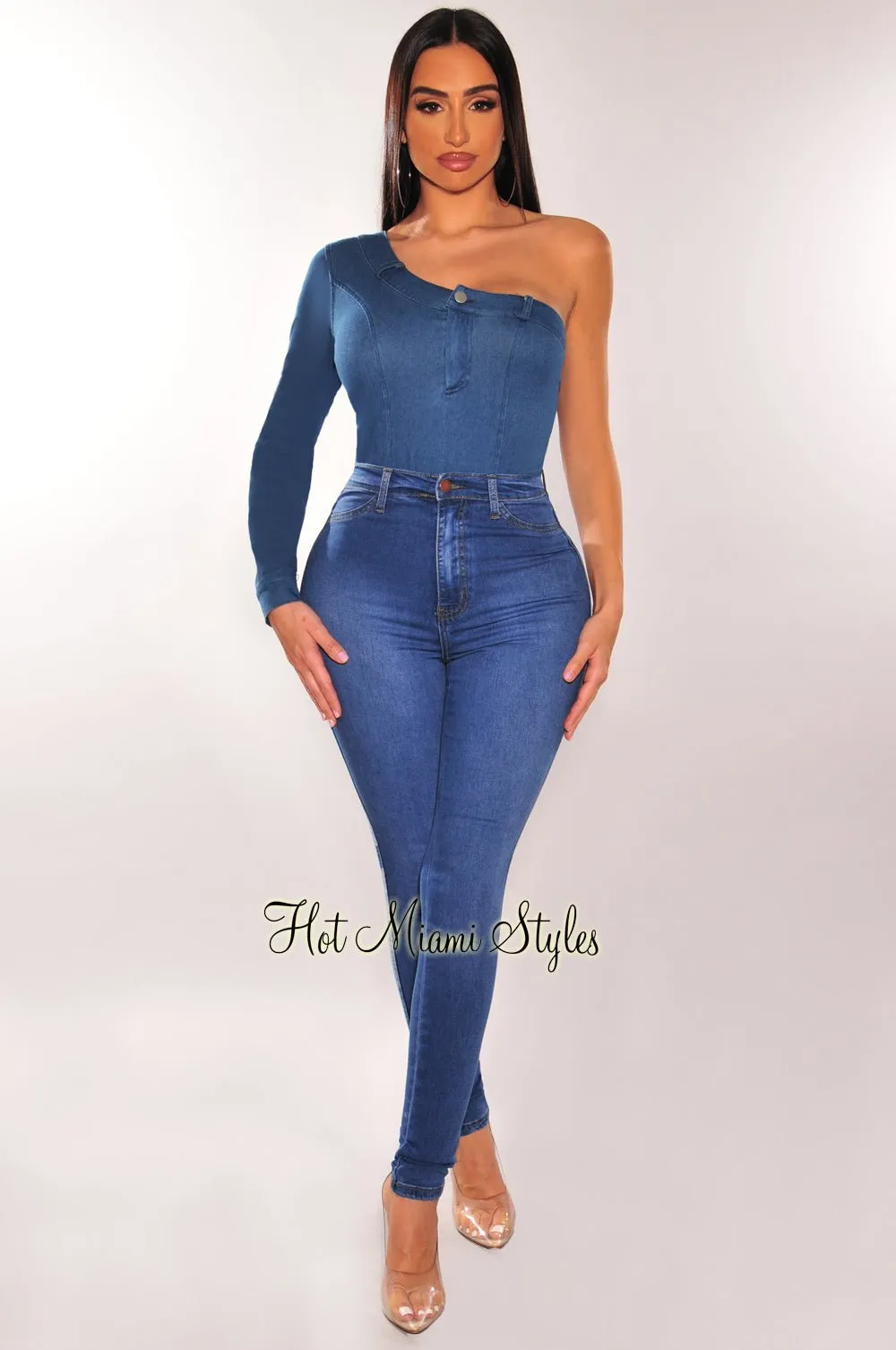 Blue Denim One Shoulder Long Sleeve Bodysuit