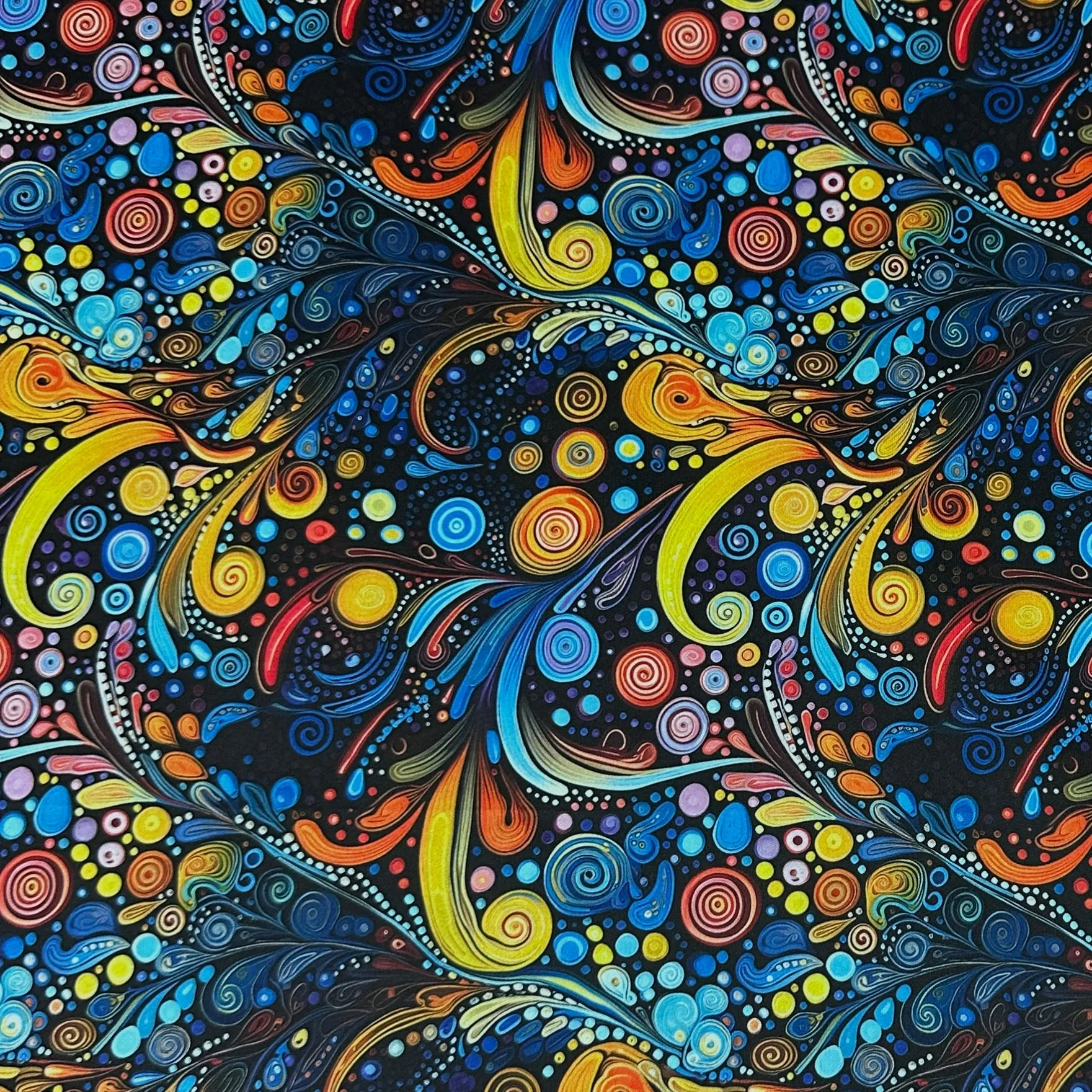 Blue, Orange and Yellow Swirls 1 mil PUL Fabric - Made in the USA