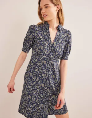 Button Jersey Mini Tea Dress-Navy, Dandelion Paisley