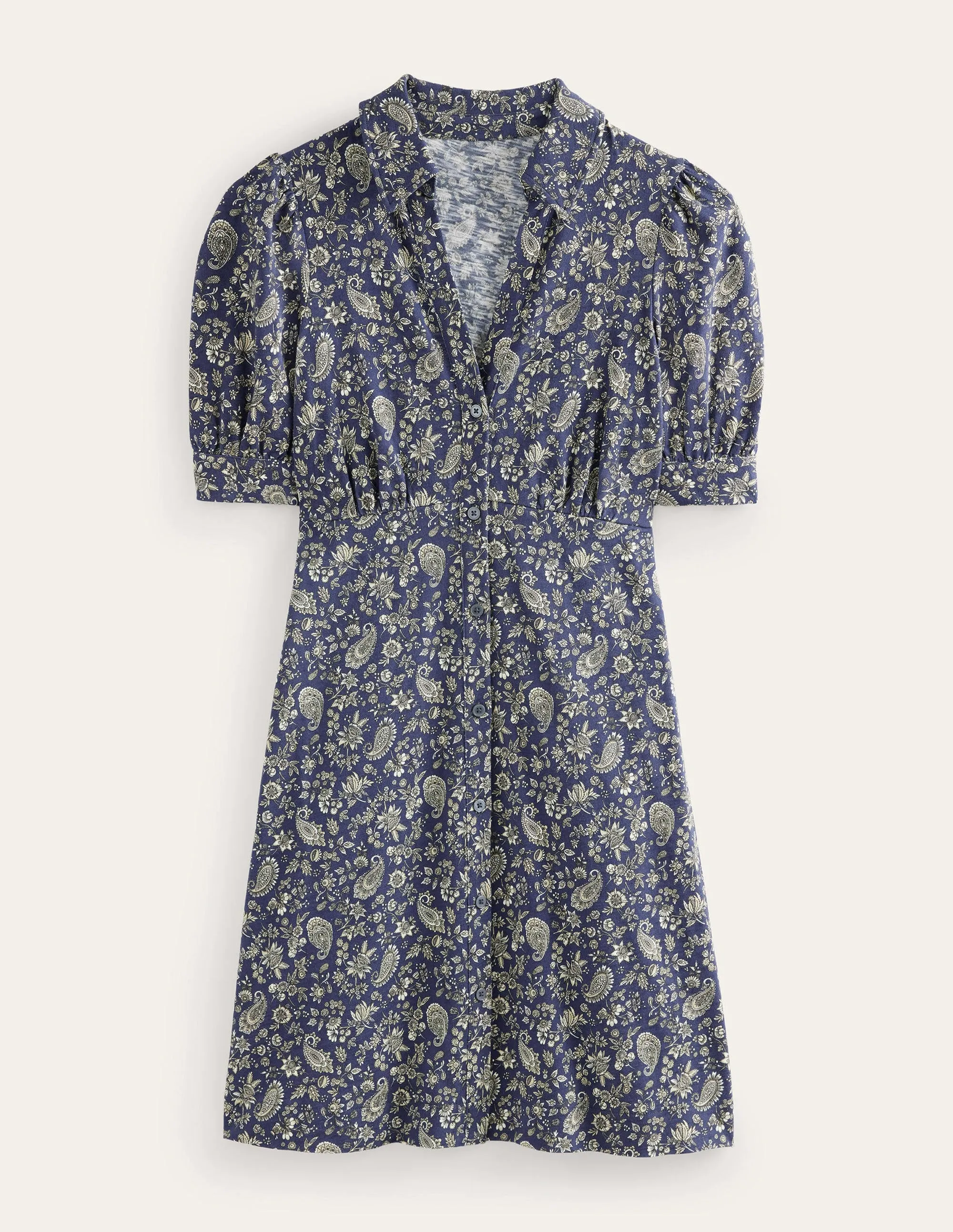 Button Jersey Mini Tea Dress-Navy, Dandelion Paisley