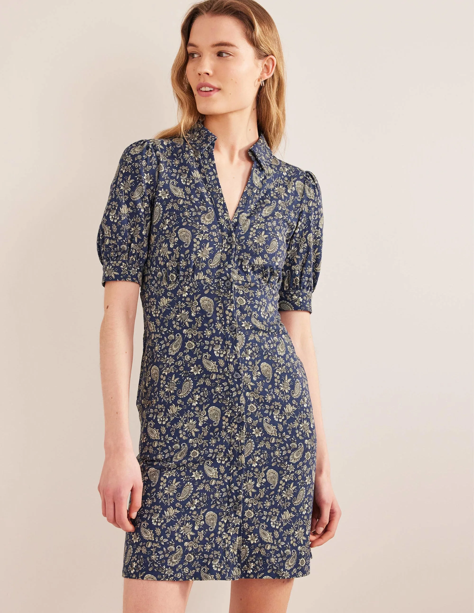 Button Jersey Mini Tea Dress-Navy, Dandelion Paisley