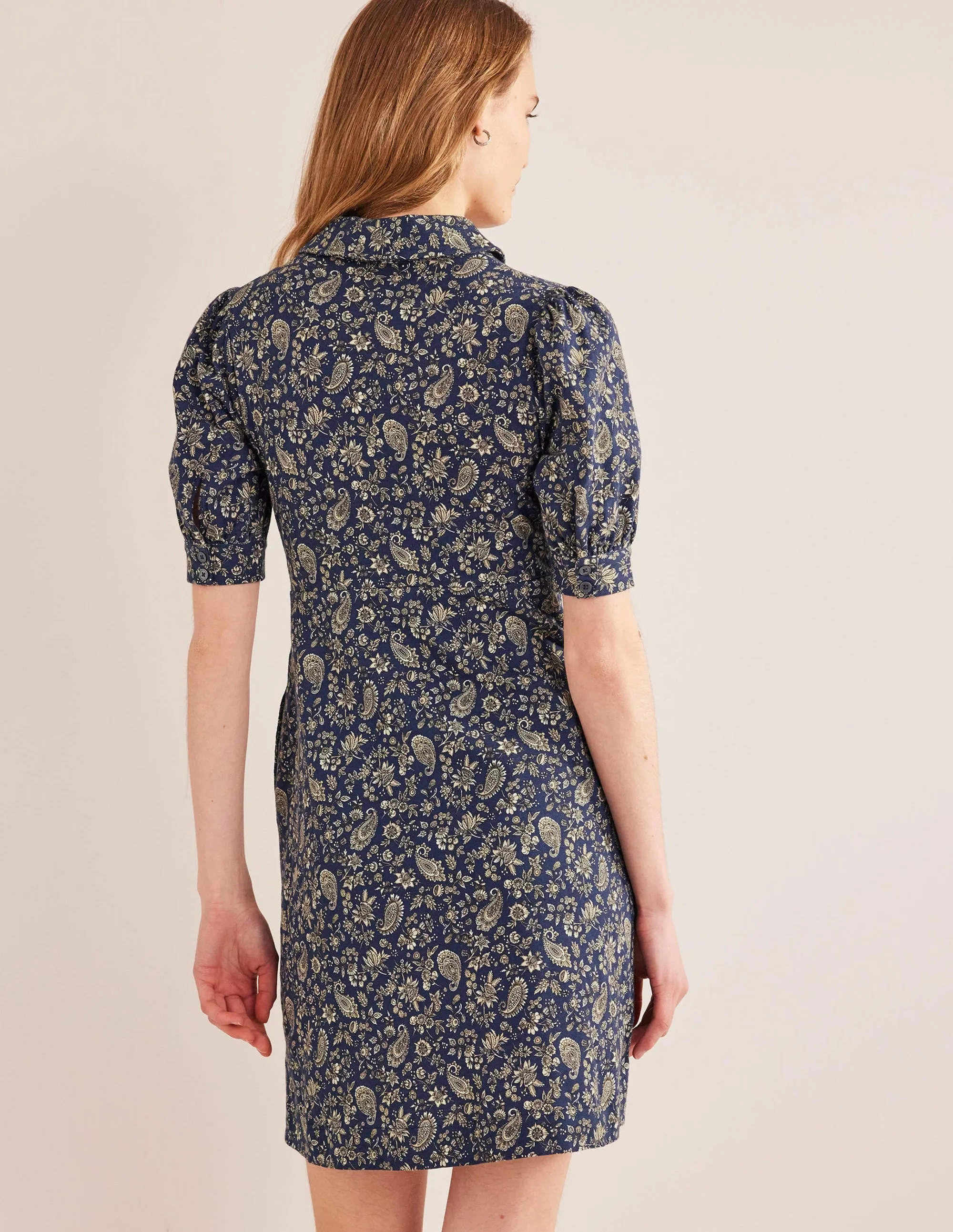 Button Jersey Mini Tea Dress-Navy, Dandelion Paisley