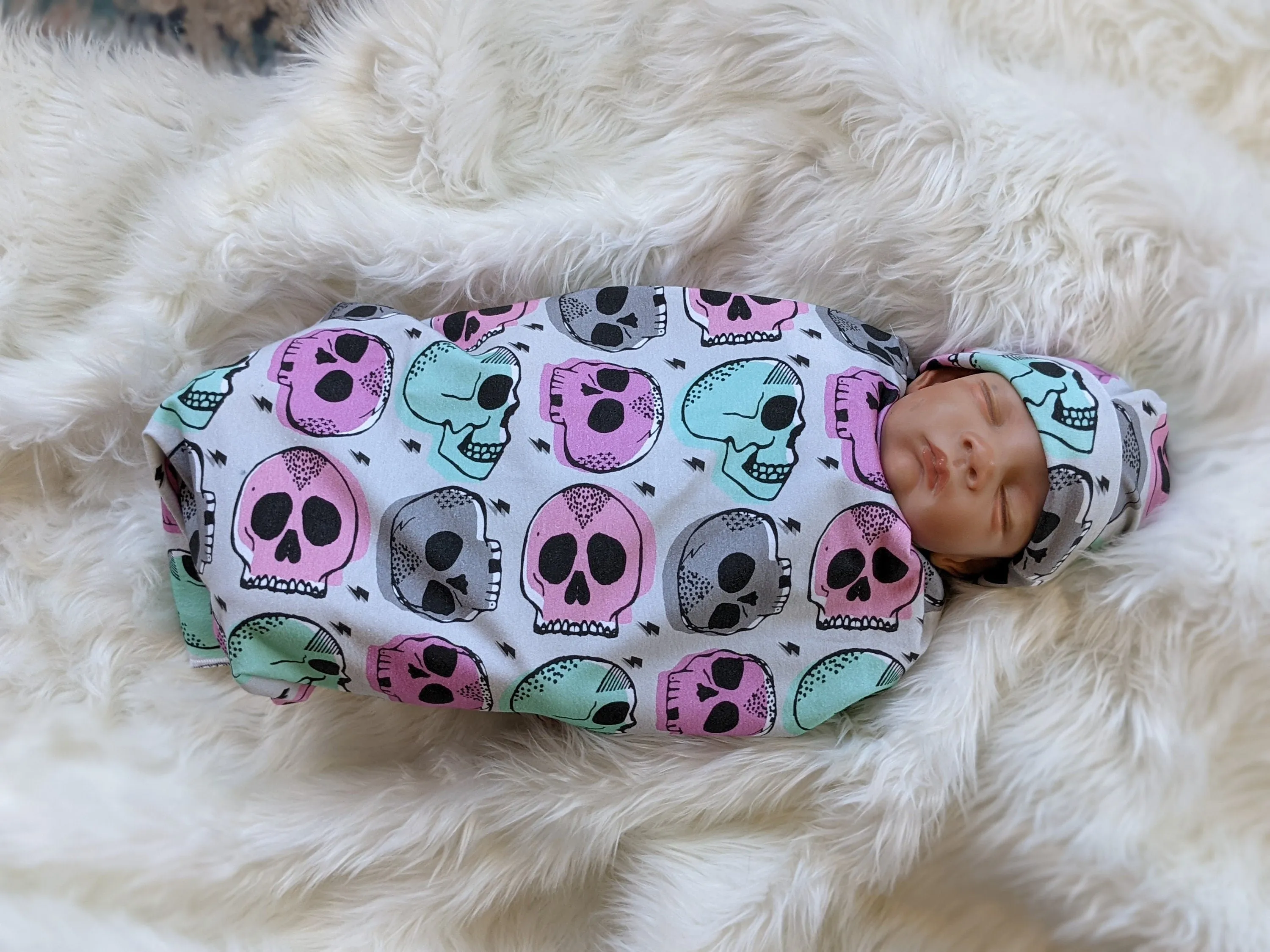 Candy Skull Baby Blanket, Girl Skulls in Pink Mint Baby Swaddle Blanket   matching Hat or Headband,Goth Baby