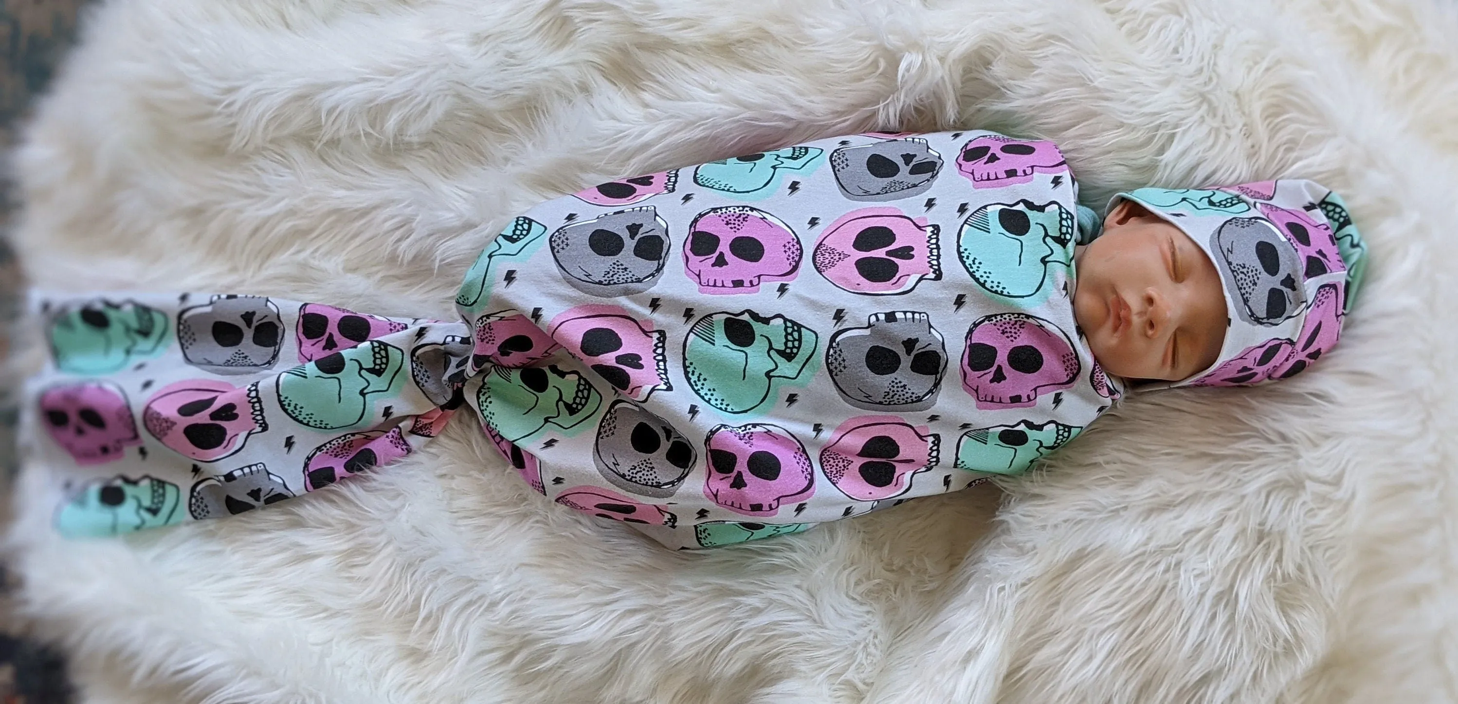 Candy Skull Baby Blanket, Girl Skulls in Pink Mint Baby Swaddle Blanket   matching Hat or Headband,Goth Baby