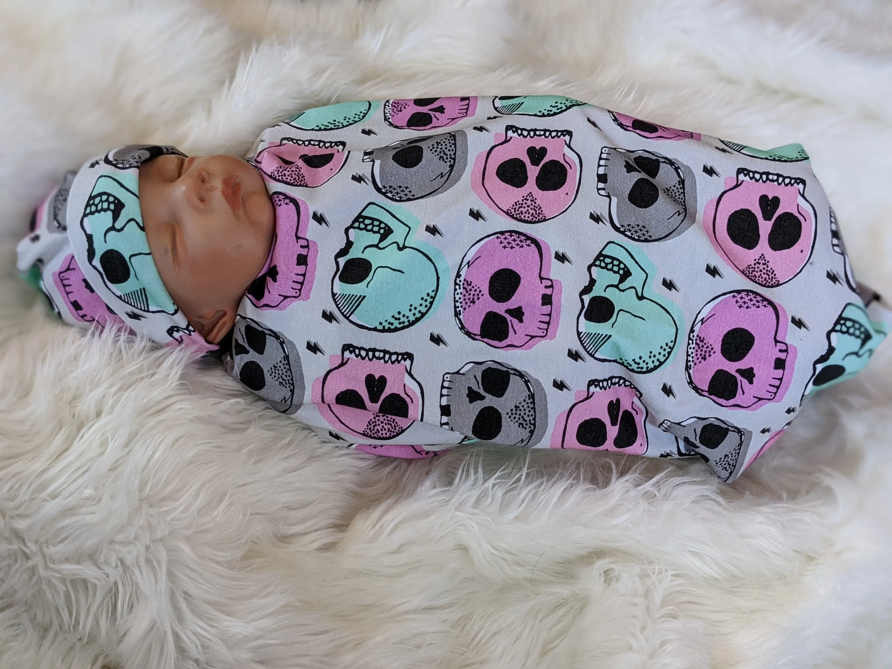 Candy Skull Baby Blanket, Girl Skulls in Pink Mint Baby Swaddle Blanket   matching Hat or Headband,Goth Baby