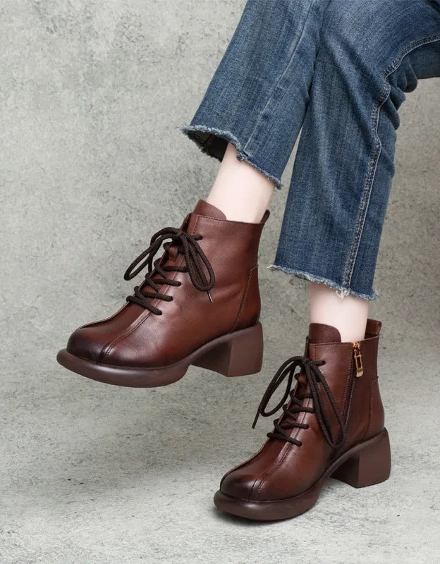 Cowhide Round Toe Comfortable Chunky Boots