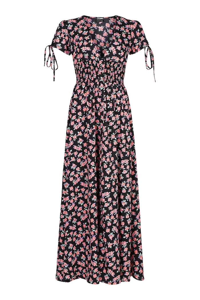 Ditsy print shirred waist maxi dress in black