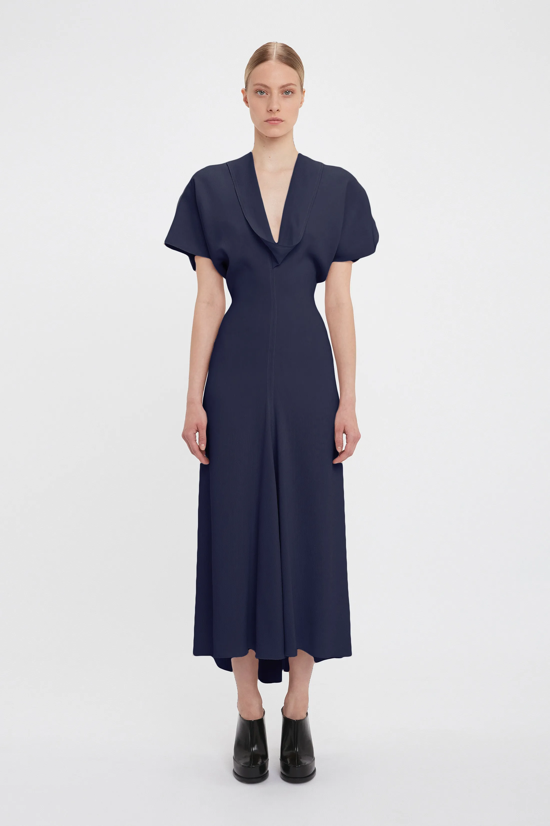 Drape Sleeve V-Neck Midi In Ink Blue