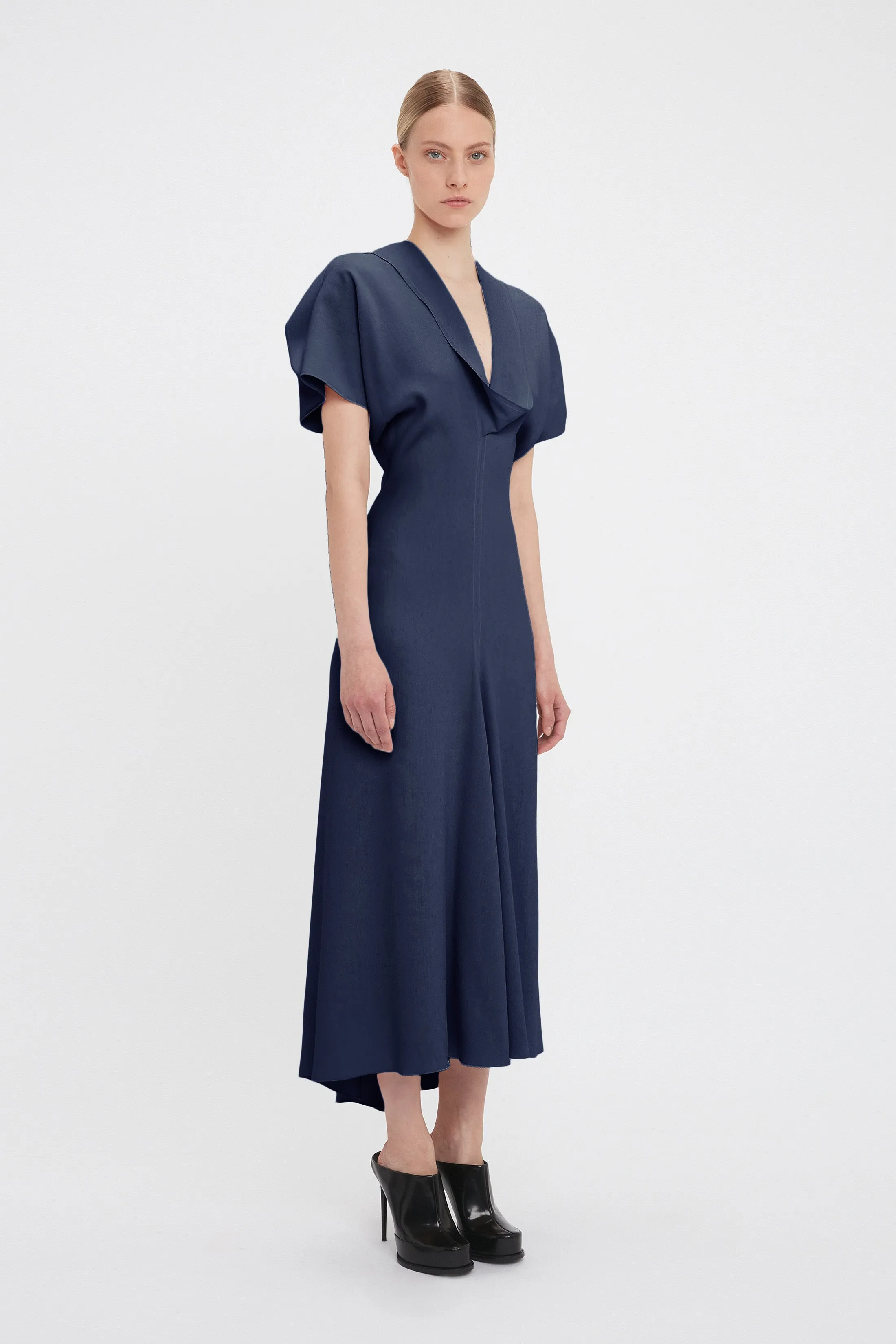 Drape Sleeve V-Neck Midi In Ink Blue