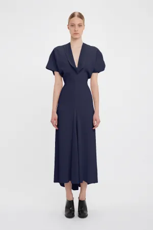 Drape Sleeve V-Neck Midi In Ink Blue