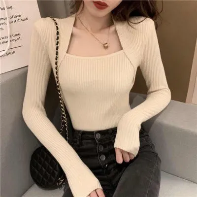 Elegant Trendy Square Neck Slim Look Sweater CHIC Matching Women Outerwear