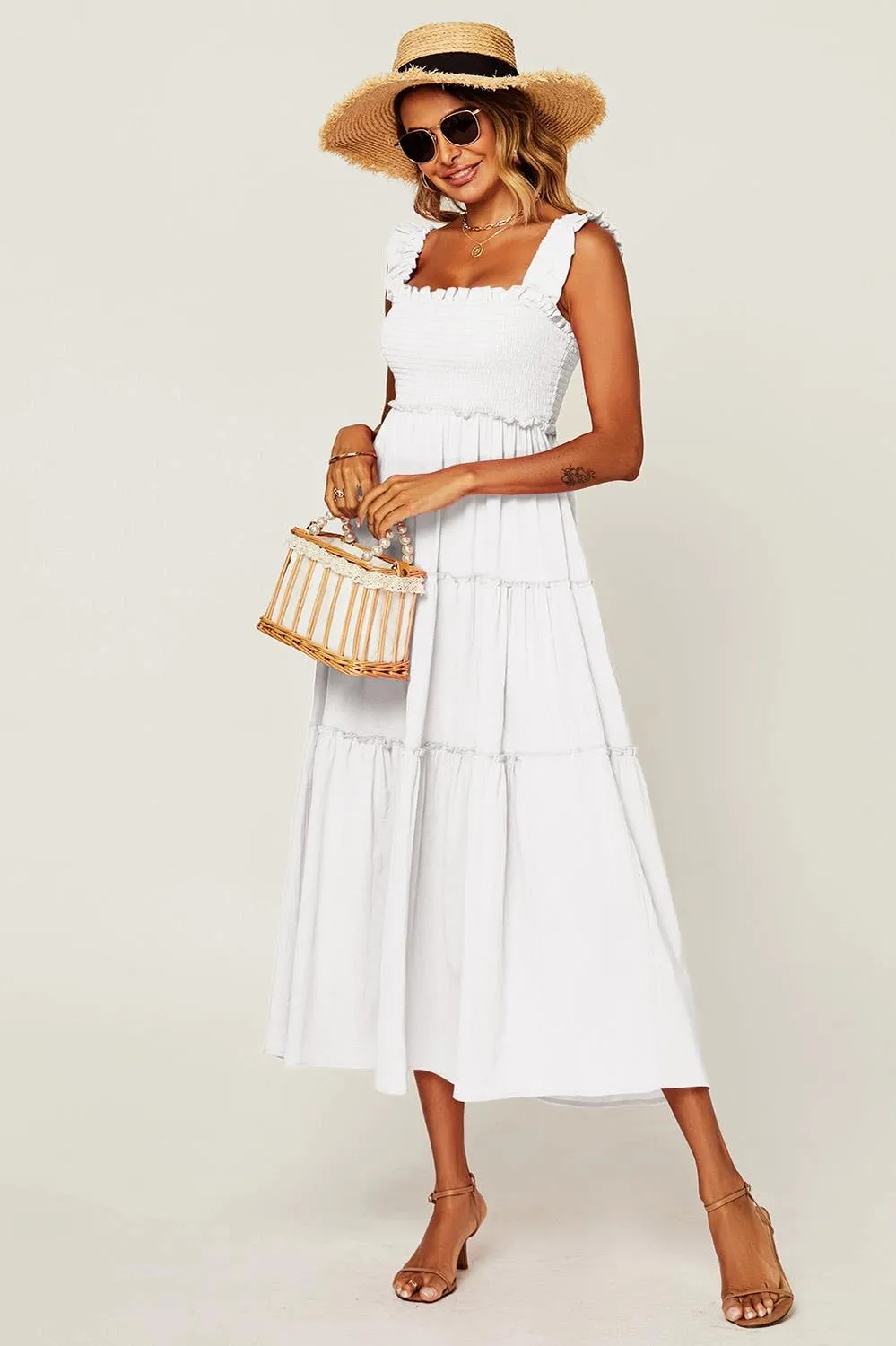 FS Collection Tiered Wide Strap White Shirred Sun Dress