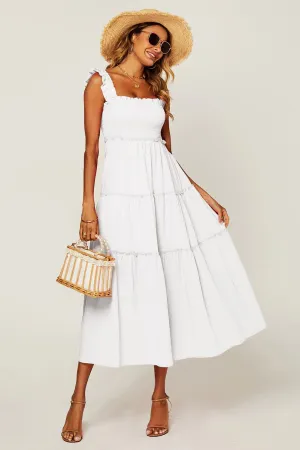 FS Collection Tiered Wide Strap White Shirred Sun Dress