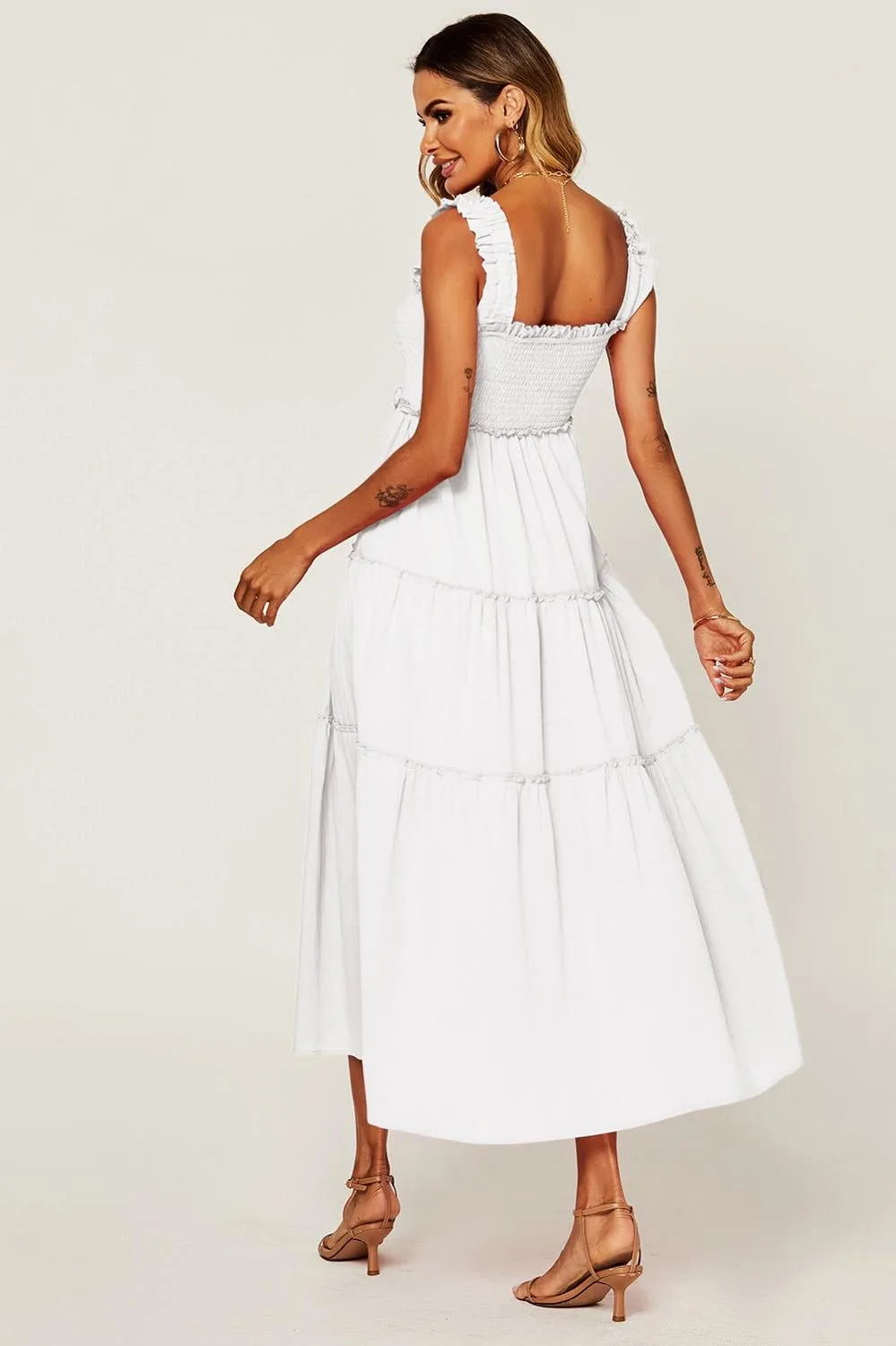 FS Collection Tiered Wide Strap White Shirred Sun Dress