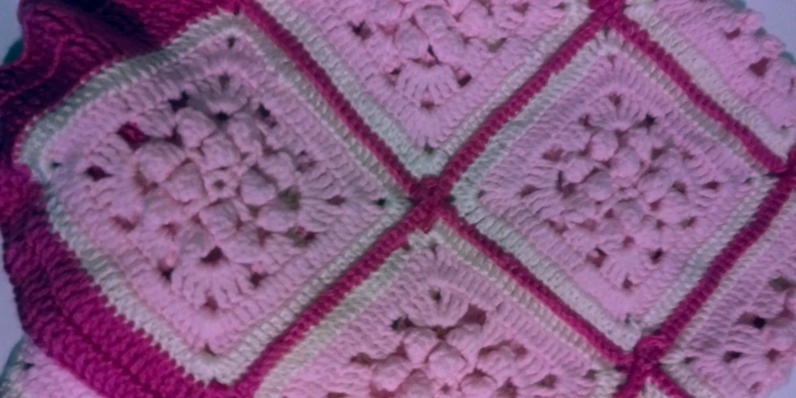 Handmade Granny Baby Blanket Square of Pinks, with Dark Pink Border Shell Patchwork