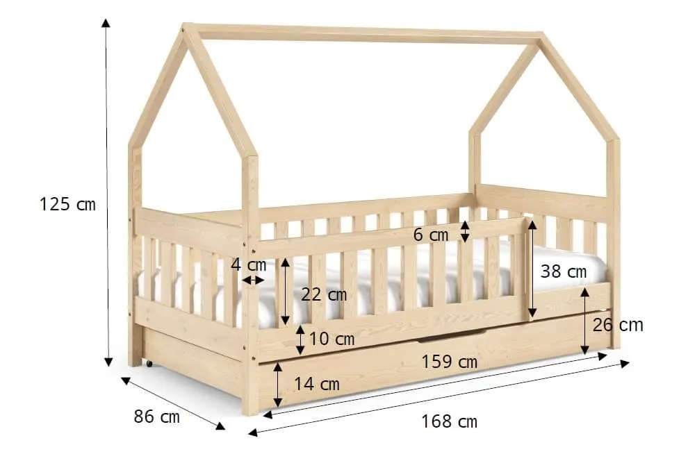 HOUSE SHAPE SOLID PINE BED LAYLA 168x86cm WITH DRAW AND MATTRESS