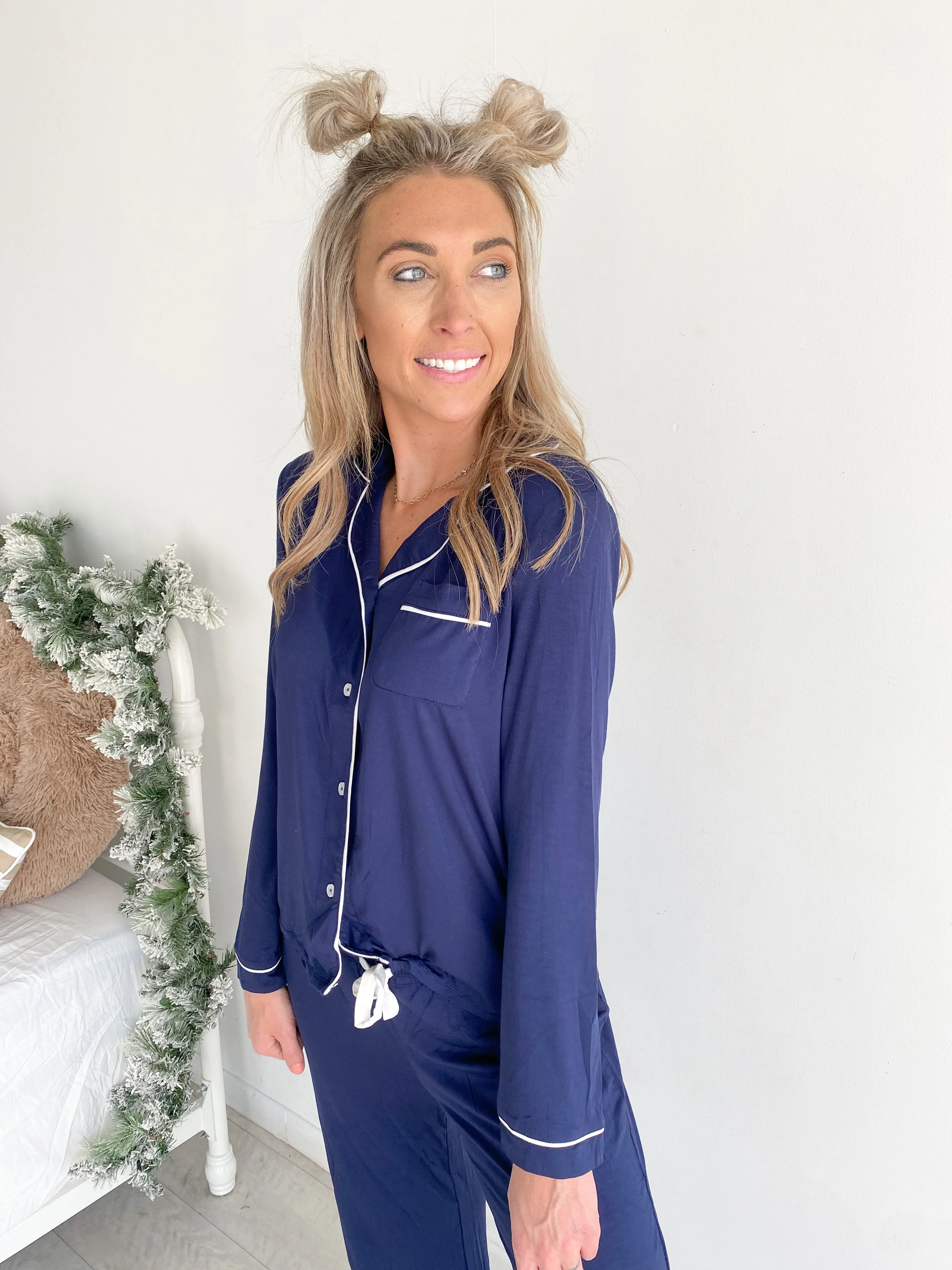 Lily Buttery Soft Navy   White Pant PJ Set