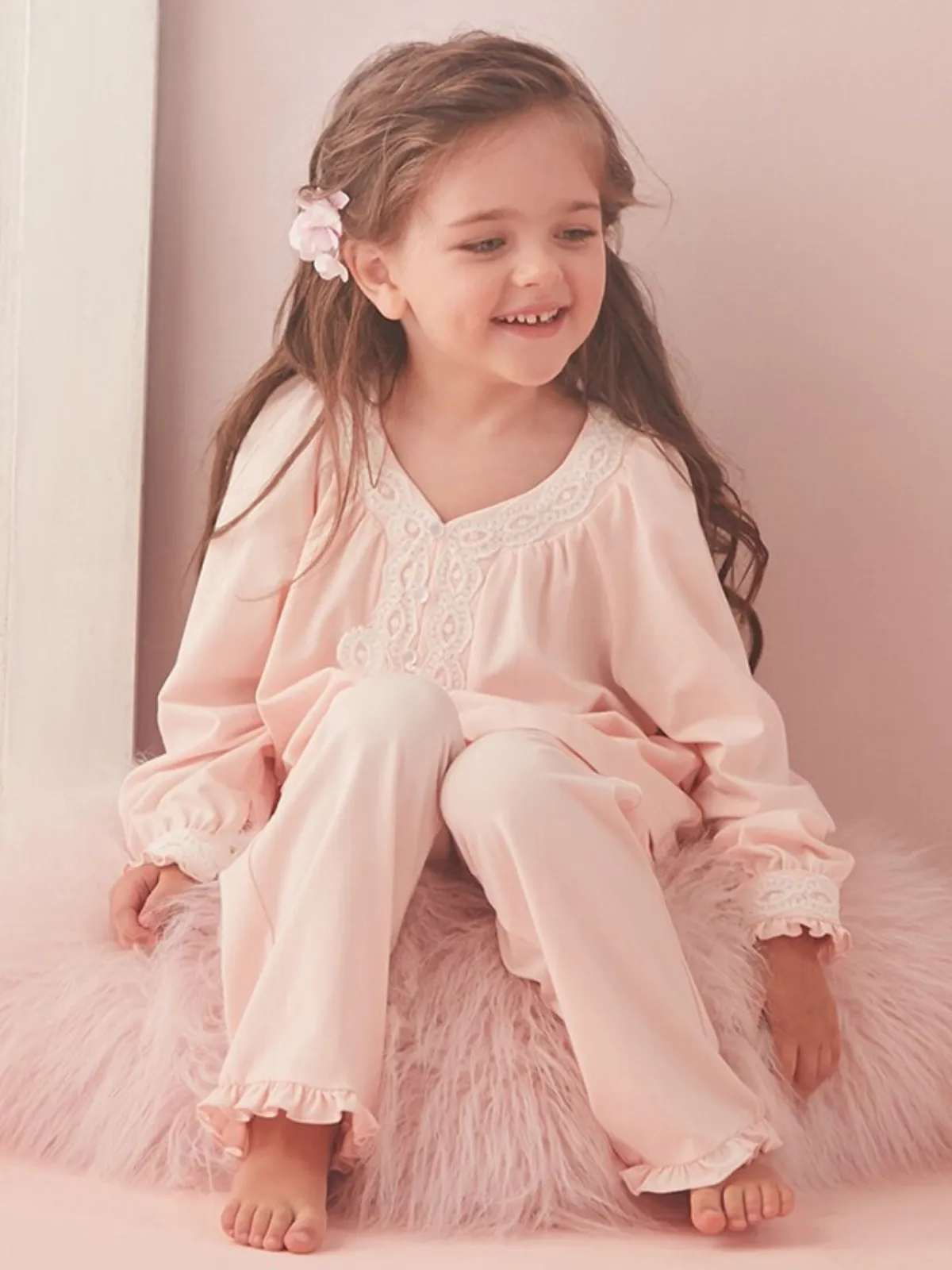 Little Sleeping Beauty Lace Trim Pink Pajamas