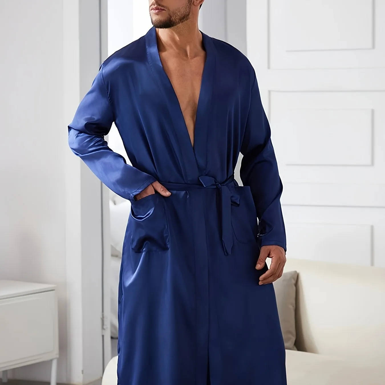 Mens Comfort V-Neck Robe Set - Soft Polyester Lounge Wear with Adjustable Waist Tie for Relaxed Fit, Ideal for Home and Bedroom Use All Year Round