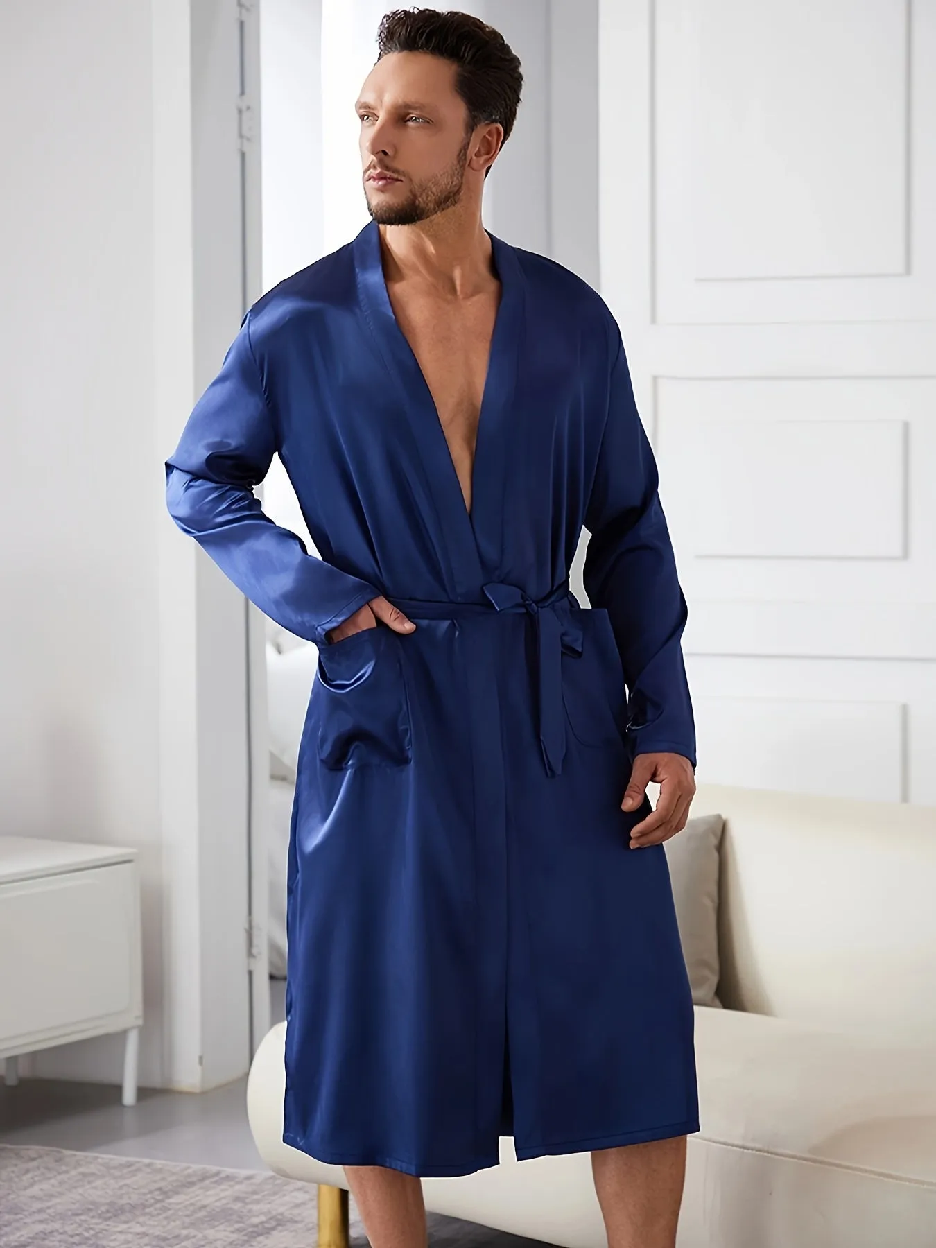 Mens Comfort V-Neck Robe Set - Soft Polyester Lounge Wear with Adjustable Waist Tie for Relaxed Fit, Ideal for Home and Bedroom Use All Year Round