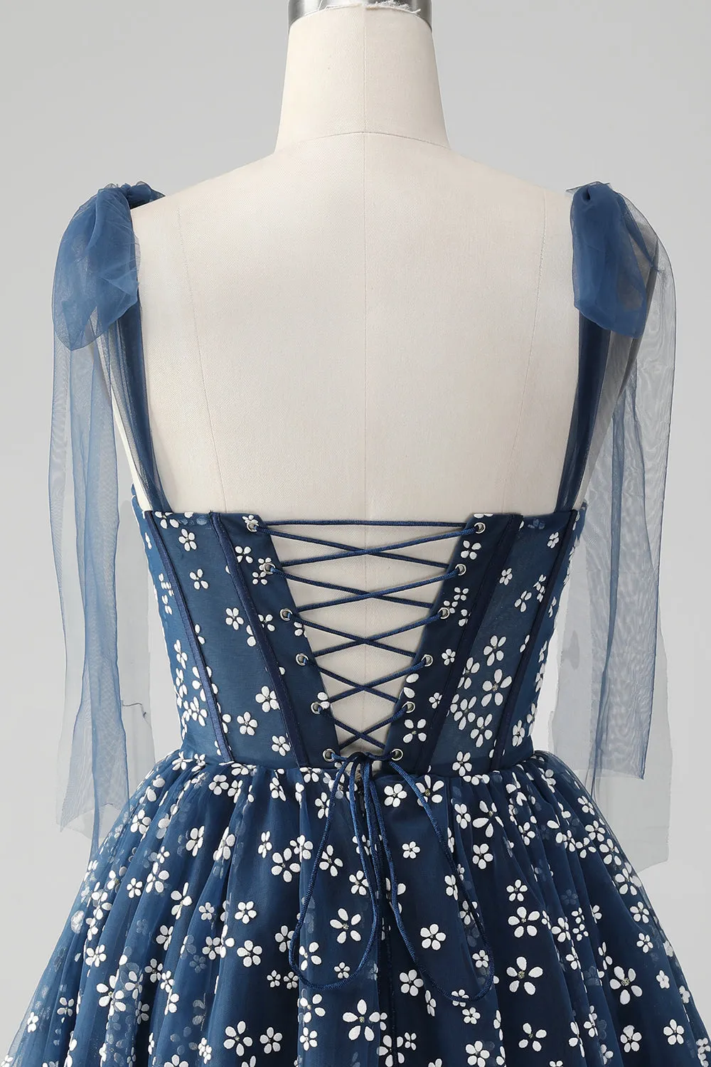 Navy A Line Spaghetti Straps Print Corset Mini Dress