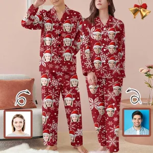 Personalized Couple Matching Long Pajama Set Custom Face Happy Christmas Red Sleepwear Slumber Party