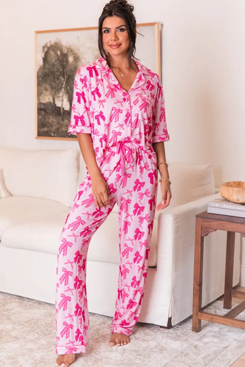 Pink Bow Knots Print Short Sleeve and Pants Pajamas Set