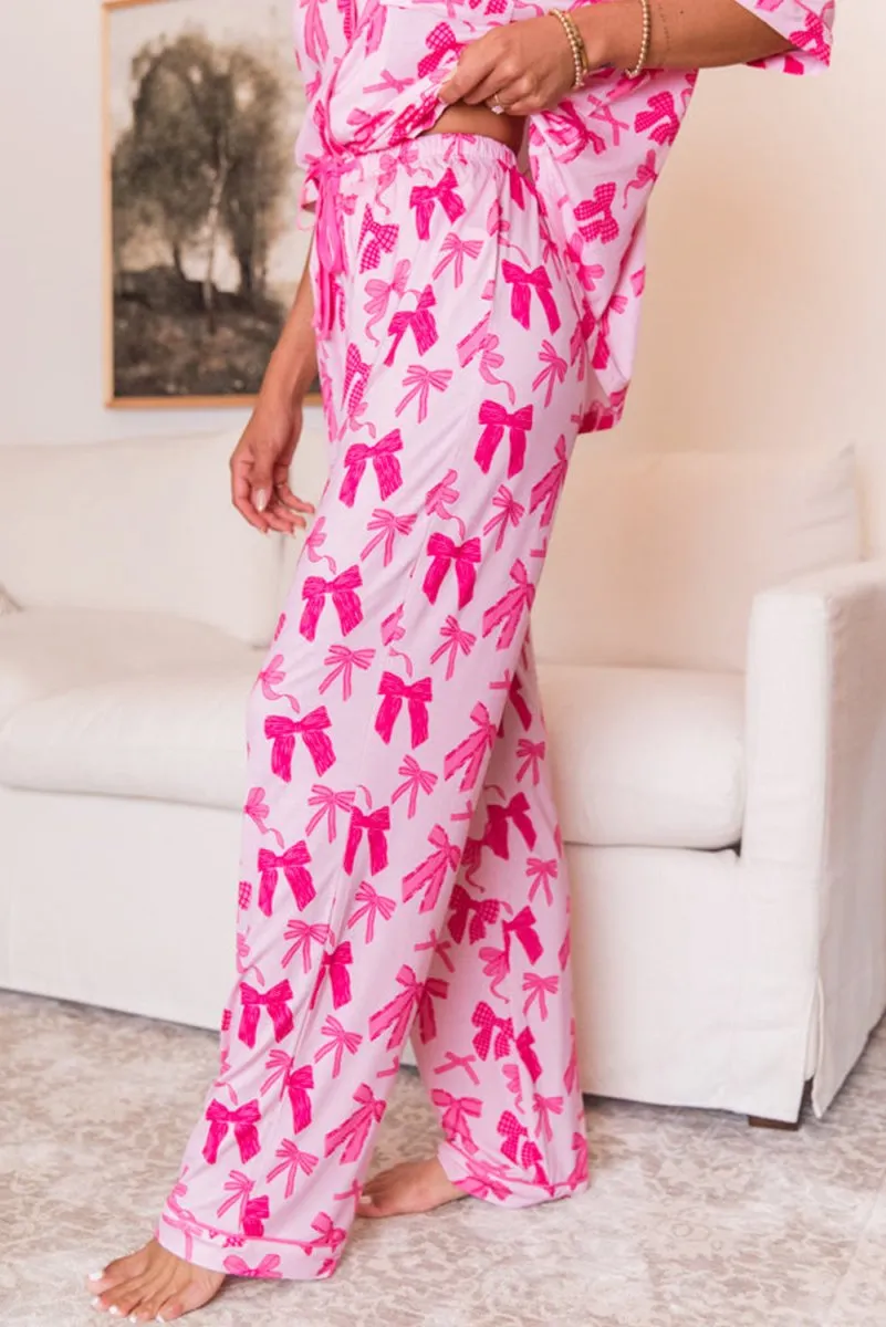 Pink Bow Knots Print Short Sleeve and Pants Pajamas Set