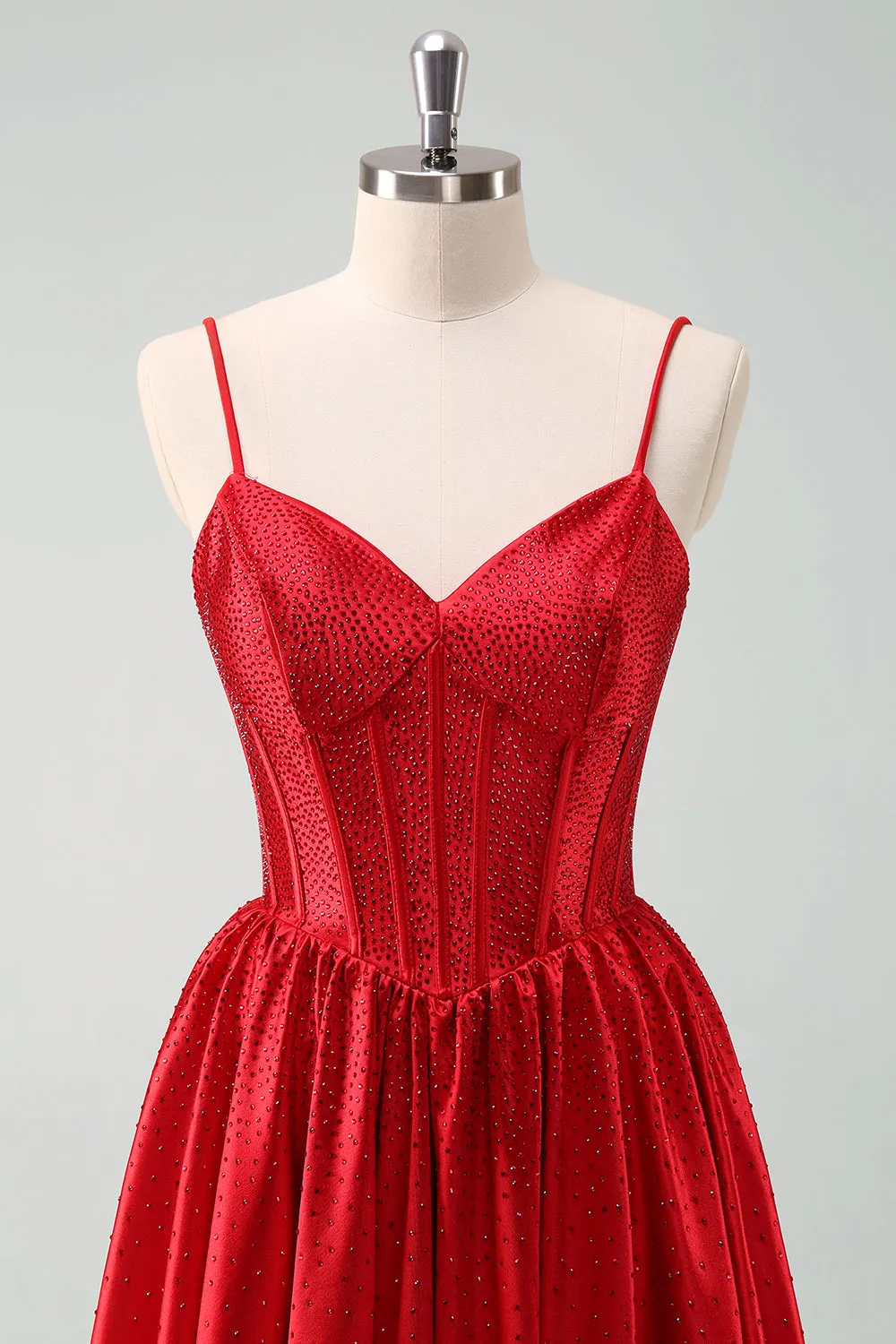 Red A Line Spaghetti Straps Corset Pleated Mini Dress