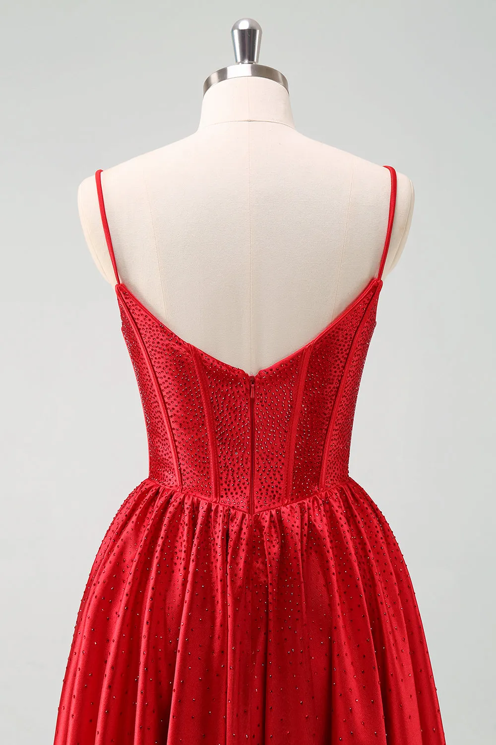 Red A Line Spaghetti Straps Corset Pleated Mini Dress