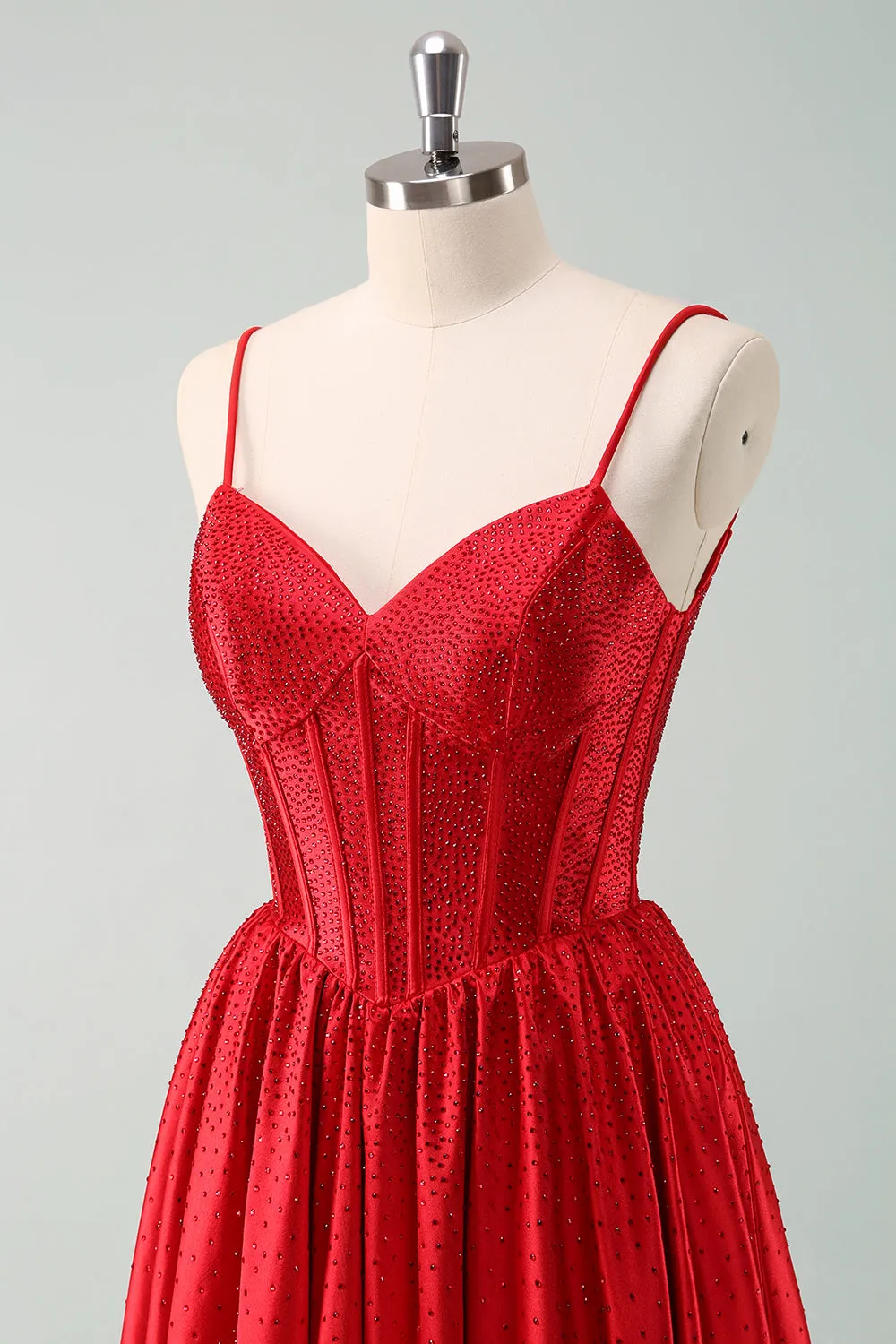 Red A Line Spaghetti Straps Corset Pleated Mini Dress