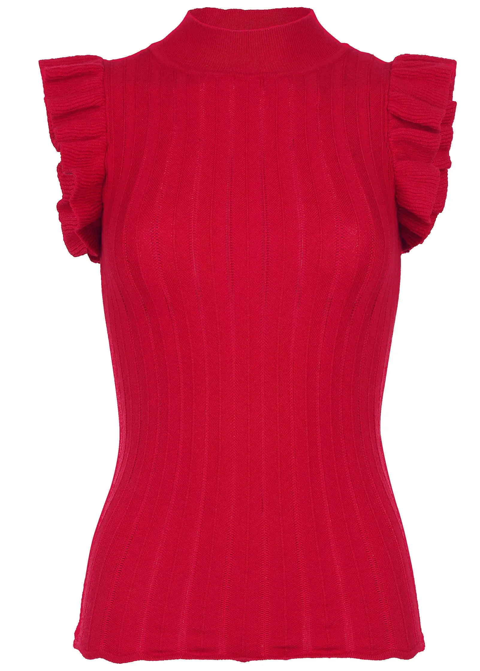 Ruffle Mock Neck Sweater - Haute Red