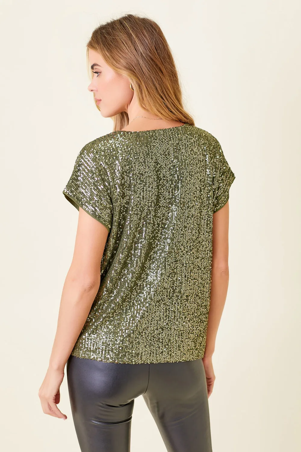 Sequin Deep V-neck Top | Olive