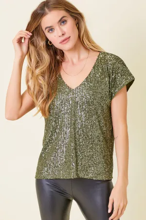 Sequin Deep V-neck Top | Olive