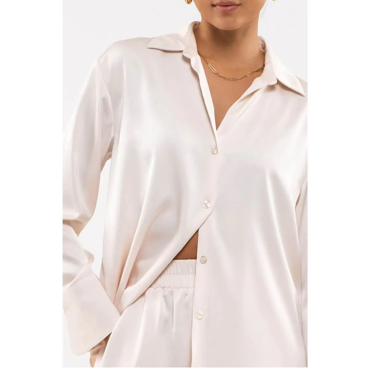 Solid Satin Button Up Blouse