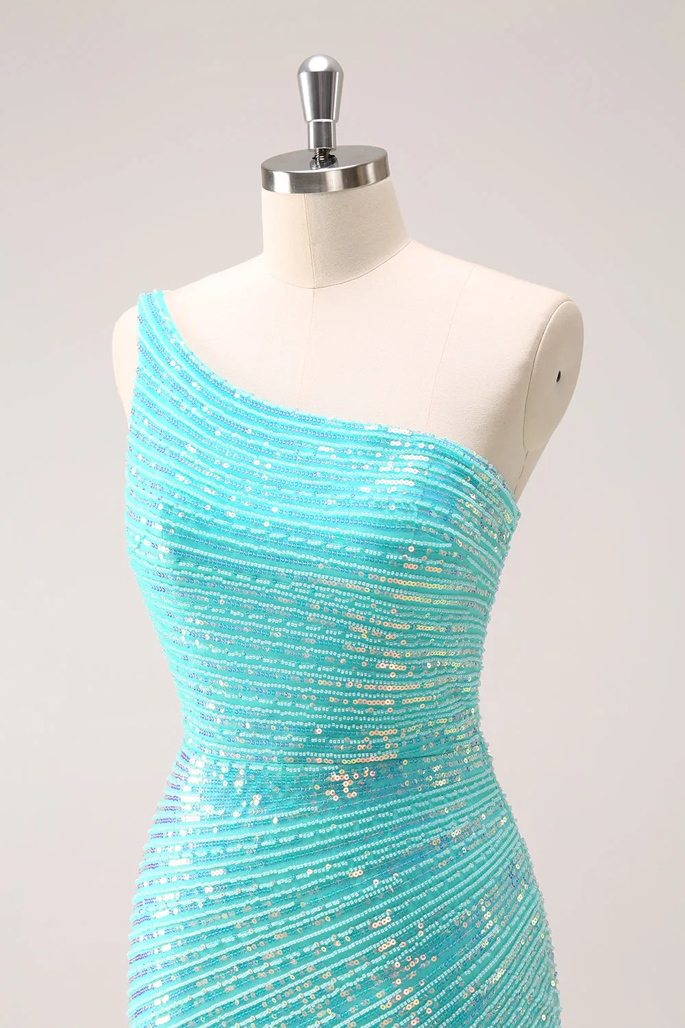 Sparkly Mint One Shoulder Tight Mini Dress with Sequins