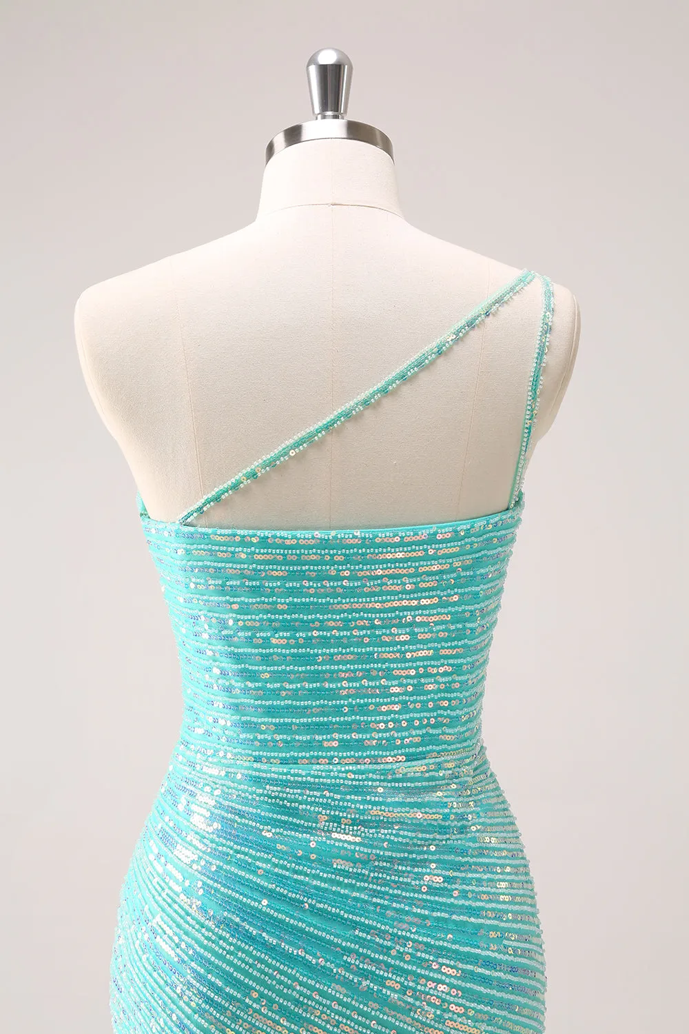 Sparkly Mint One Shoulder Tight Mini Dress with Sequins