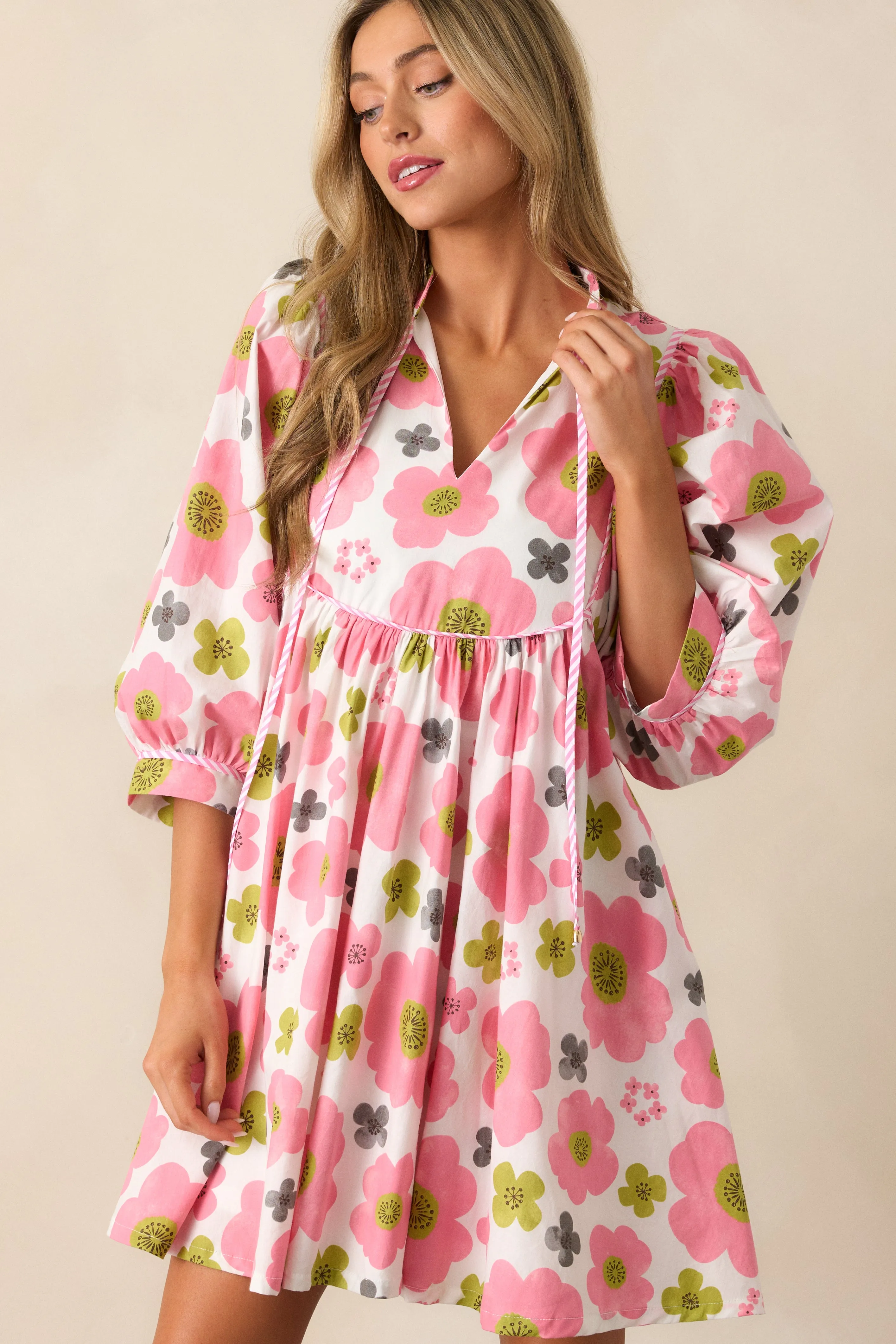 Spring Soiree Cotton Ivory and Pink Floral Mini Dress