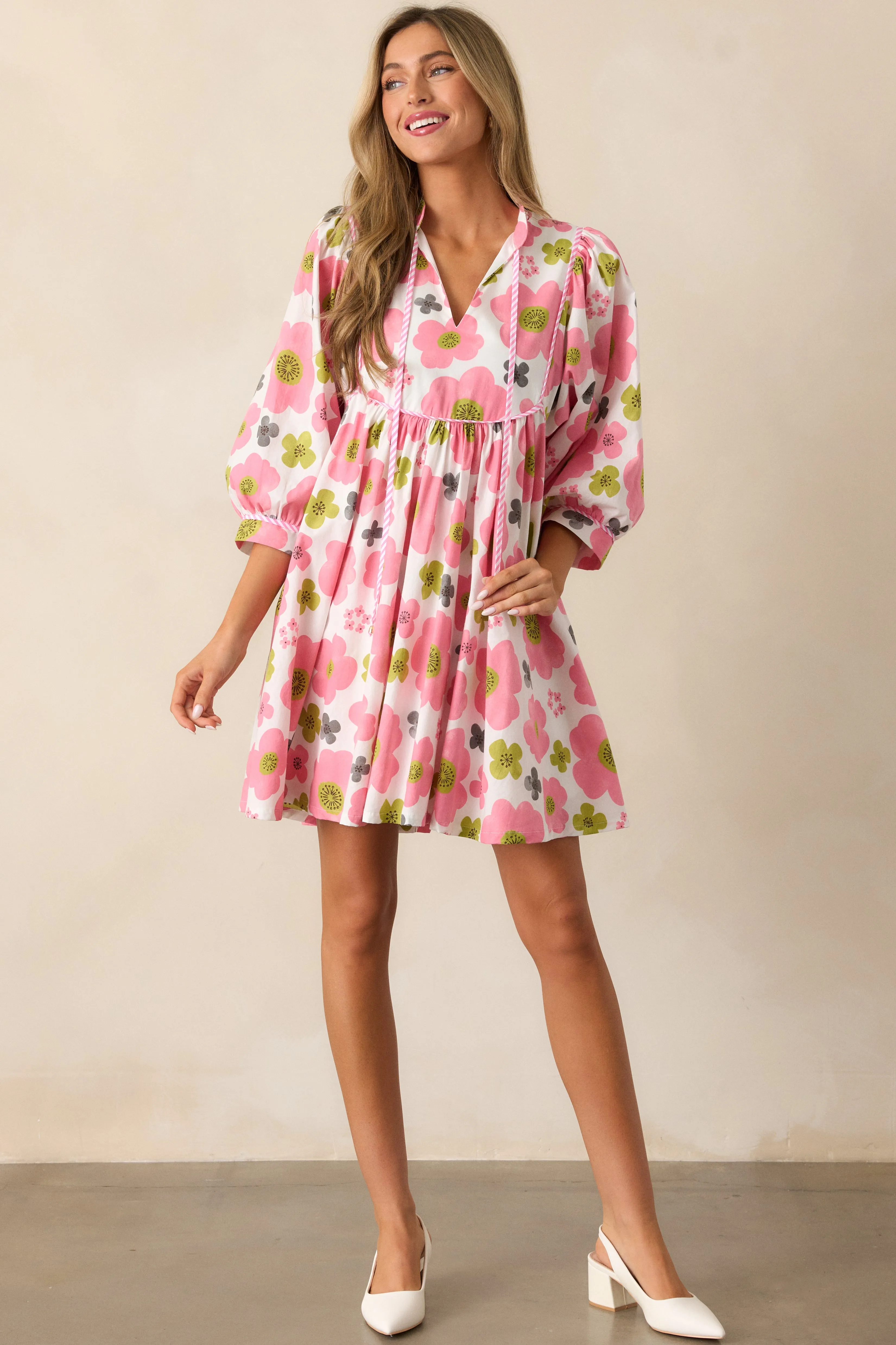 Spring Soiree Cotton Ivory and Pink Floral Mini Dress