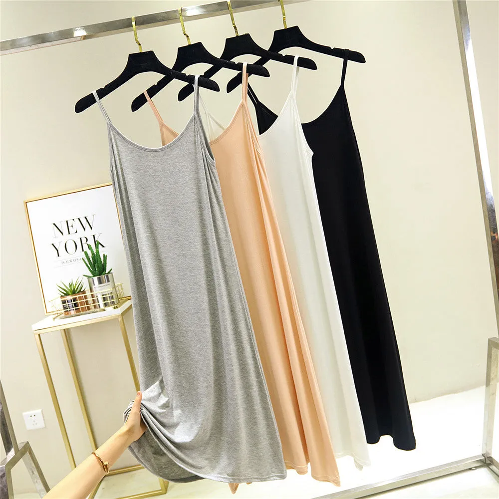 Summer Modal Round-Neck Slip Dress Korean Mid-Length Solid Colored Camisole Dress