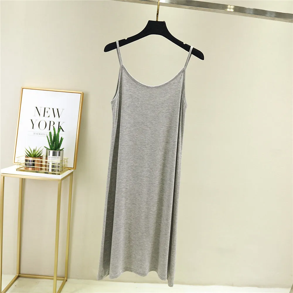 Summer Modal Round-Neck Slip Dress Korean Mid-Length Solid Colored Camisole Dress