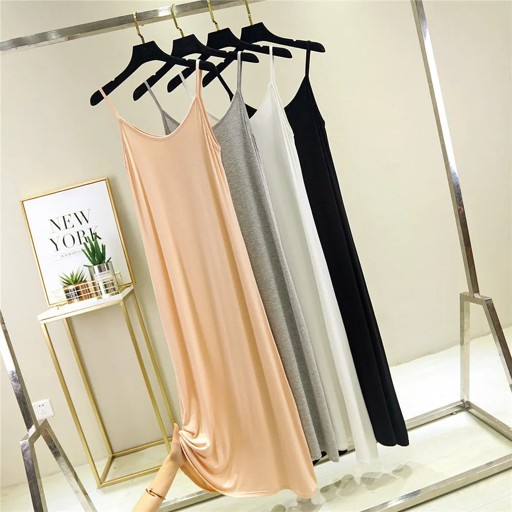 Summer Modal Round-Neck Slip Dress Korean Mid-Length Solid Colored Camisole Dress