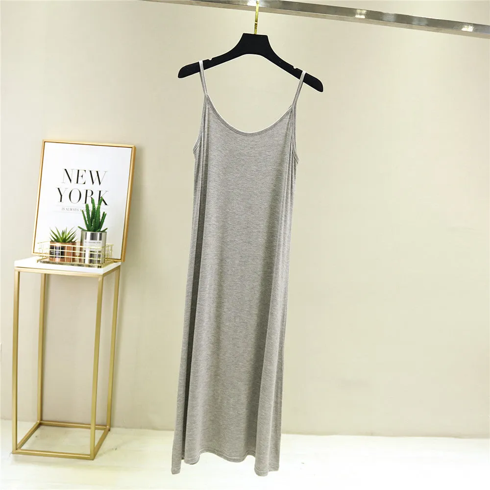 Summer Modal Round-Neck Slip Dress Korean Mid-Length Solid Colored Camisole Dress